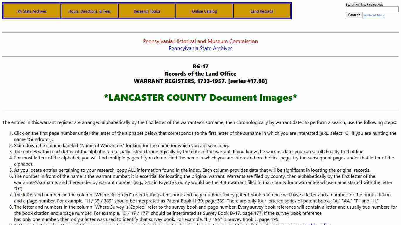 PA State Archives - RG-17 - Warrant Register Images: Lancaster County